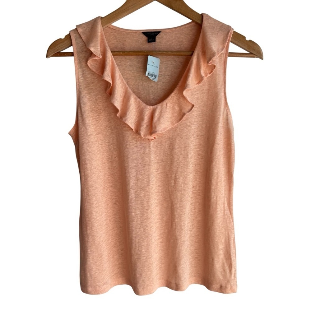 Ann Taylor 100% Linen Sleeveless Top Sz S Petite Peach Flutter Neckline Tank NWT